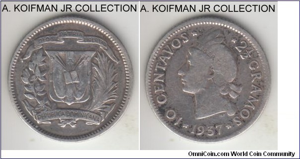 KM-19, 1937 Dominican Republic 10 centavos, Ottawa (Canada) mint; silver, reeded edge; fist year of the type, fine details, polished.
