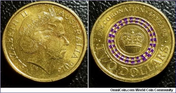 Australia 2013 2 dollars commemorating Coronation 60th Years of Queen Elizabeth. Low mintage of 1.0 million. 