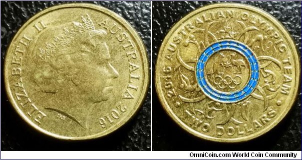 Australia 2016 2 dollars commemorating Rio Olympics - blue ring. Low mintage of 2.0 million. 