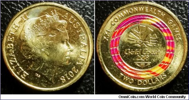Australia 2018 2 dollars commemorating Commonwealth Games Emblem. Low mintage of 2.0 million. 