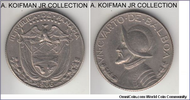 KM-11.2a, 1966 Panama 1/4 balboa; copper-nickel, reeded edge; first year of the new post-silver coinage, extra fine or better details, reverse is lightly cleaned/wiped.