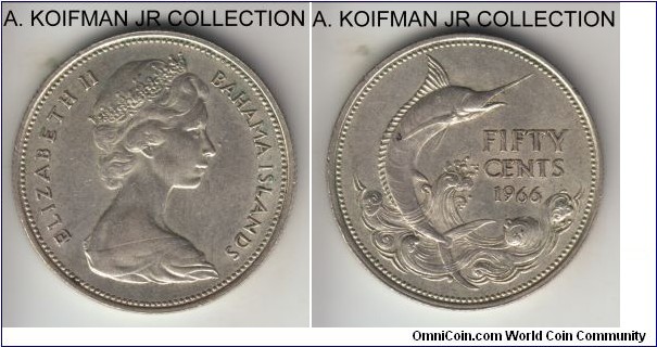 KM-7, 1966 Bahamas 50 cents; silver, reeded edge; Elizabeth II, blue marlin on reverse, the only year silver coins were isued for real circulation, good extra fine or so.