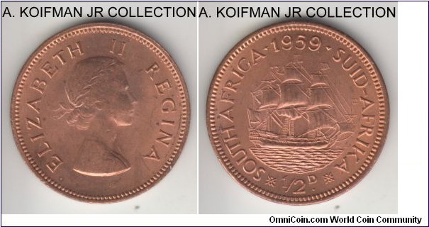 KM-45, 1959 South Africa 1/2 penny; bronze, plain edge; Elizabeth II, late pre-Republic coinage, not as common as 1960, but not rare either, mostly red uncirculated.