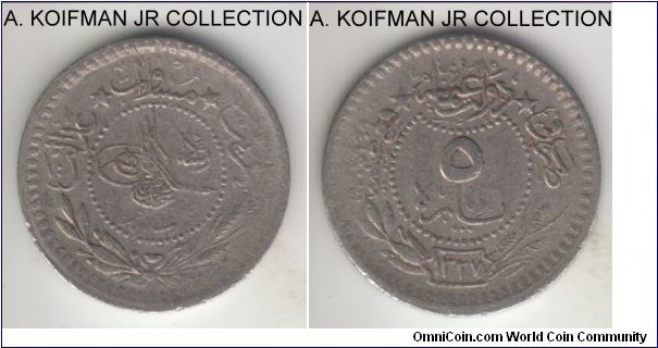 KM-759, AH1327//5 (1913) Turkey 5 para, Constantinople mint; copper nickel, plain edge; Muhammad V, variety with Reshat right of tughra, average circulated, fine or about.