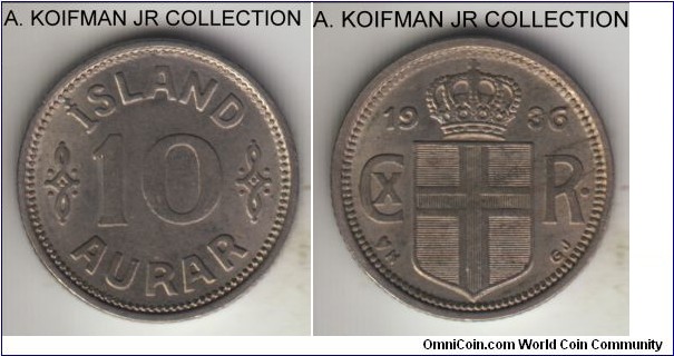 KM-1.1, 1936 Iceland 10 aurar; copper-nickel, reeded edge; Christian X, uncirculated, light toning, weakly struck crown.