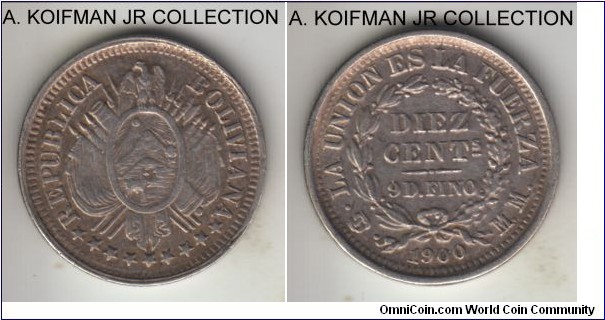 KM-158.3, 1900 Bolivia 10 centavos, Potosi mint (PTS in monogram), MM assayer; silver, reeded edge; last year of the type and scarce with small mintage of 28,163 (by Numista) or 30,000 (by Krause), good very fine to extra fine, usual some extra metal around the edges.