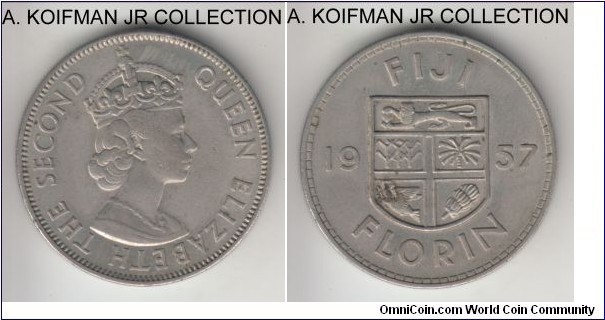 KM-24, 1957 Fiji florin; copper-nickel, reeded edge; Elizabeth II, good extra fine, toned and a bit of dirt on reverse.