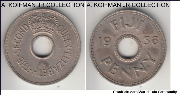 KM-21, 1956 Fiji penny; copper-nickel, plain edge; Elizabeth II, good extra fine or so, spotted toning.