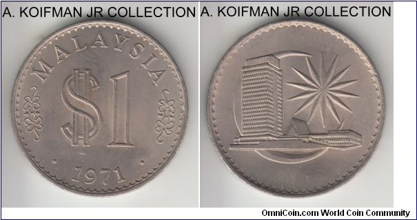 KM-9.1, 1971 Malaysia ringgit; copper-nickel, lettered edge; Republic, average uncirculated.