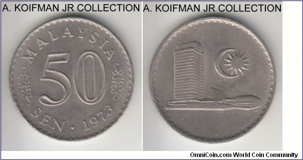 KM-5.3, 1973 Malaysia 50 sen; copper-nickel, lettered edge; Republic, average uncirculated.