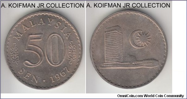 KM-5.1, 1967 Malaysia 50 sen; copper-nickel, security reeded edge; first year of independent Republic coinage, nicer details and toning of this uncirculated coin.