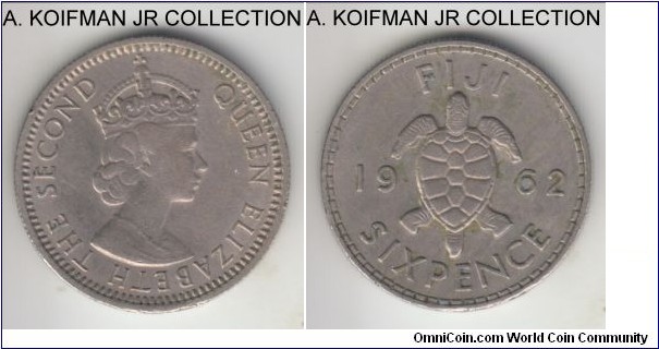 KM-19, 1962 Fiji 6 pence; copper-nickel, reeded edge; Elizabeth II, last pre-decimal type, decent good very fine, a bit dirty reverse.