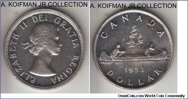 KM-54, 1954 Canada dollar; silver, reeded edge; Elizabeth II, variety with the shoulder strap and flat rims, average uncirculated, few bag marks and a toning spot where the 2x2 was torn years ago and the coin toned.