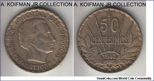KM-31, 1943 Uruguay 50 centesimos, Santiago mint (So mint mark); silver, reeded; 1-year type, about extra fine.