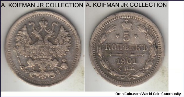 Y#19a.1, 1901 Russia (Empire) 5 kopeks, St. Petersburg mint (СПБ mint mark), ФЗ mint master; silver, reeded edge; Nikolai (Nicolas) II, about very fine.