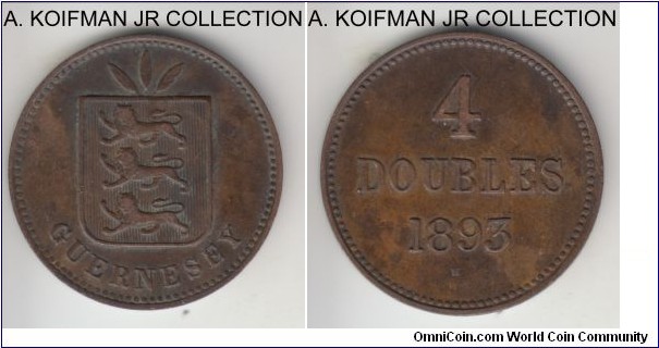 KM-5, 1893 Guernsey 4 doubles, Heaton mint (H mint mark); bronze, plain edge; Victoria period, one of the smaller mintage years 52,000 minted, brown good very fine.