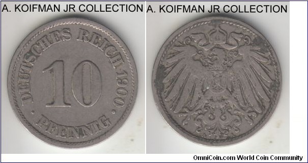 KM-12, 1900 Germany 10 pfennig, Berlin mint (A mint mark); copper-nickel, plain edge; Wilhelm II, most common year/mint of the type, average circulated, reverse dirt and deposits.