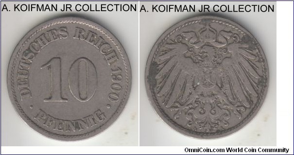 KM-12, 1900 Germany 10 pfennig, Berlin mint (A mint mark); copper-nickel, plain edge; Wilhelm II, most common year/mint of the type, average circulated, reverse dirt and deposits.