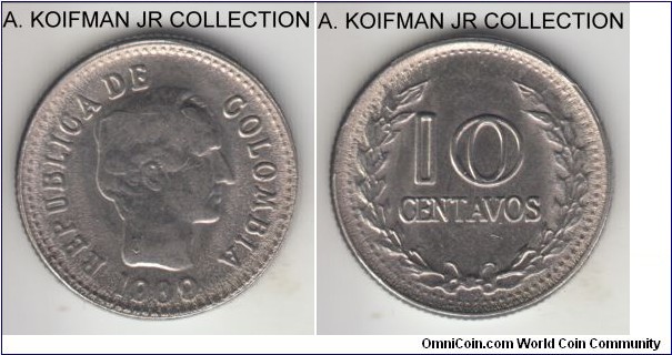 KM-236, 1969 Colombia 10 centavos; nickel-clad steel, reeded edge; second type, with interrupted legend and wreath, average uncirculated (consider that steel flans are never well struck because the metal is too hard for details).