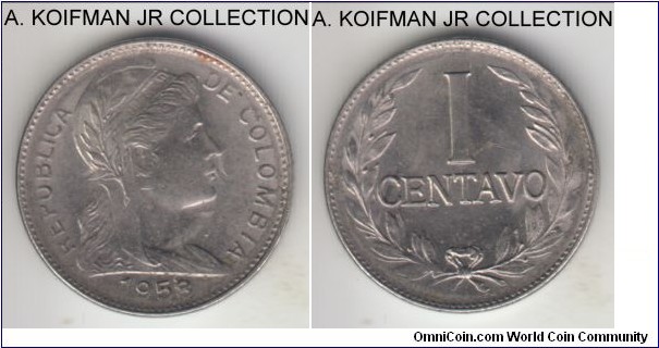 KM-275a, 1958 Colombia centavo; nickel clad steel, plain edge; average uncirculated, a bit dirty.
