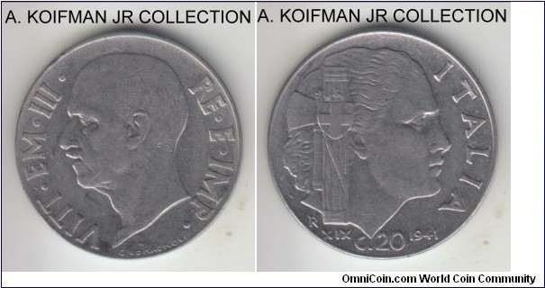 KM-75b, 1941 Italy 20 centesimi, Rome miint (R mint mark); stainless steel, reeded; Vittorio Emmanuele III, magnetic variety, shallow reeding, common war time issue, about uncirculated.