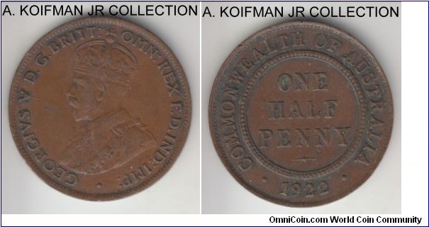 KM-22, 1922 Australia half penny, Sydney mint (no mint mark); bronze, plain edge; George V, about very fine, some grime.