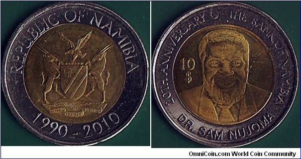 Namibia 2010 10 Dollars.

20 Years of the Bank of Namibia.