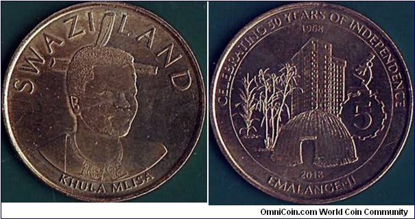 Swaziland 2018 5 Emalangeni.

50 Years of Independence.

The last coin before Swaziland's name change to eSwatini.