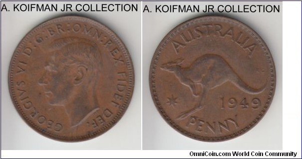 KM-43, 1949 Australia penny, Perth mint (no mint mark); bronze, plain edge; George VI, light brown extra fine.