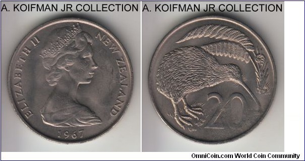 KM-36.1, 1967 New Zealand 20 cents; copper-nickel, reeded edge; Elizabeth II, first decimal type, average uncirculated with some bag marks and weaker reverse strike as seen on 20.
