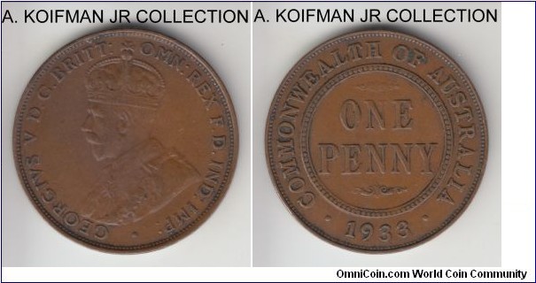KM-23, 1933 Australia penny, Melbourne mint (no mint mark); bronze, plain edge; George V, brown very fine or almost.