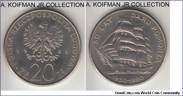 Y#112, Poland 1980 20 zlotych, Warsaw mint (MW in monogram); copper-nickel, reeded edge; 50'th anniversary of the polish training ship Daru Pomorza, 1-year circulation commemorative, nice proof like uncirculated.