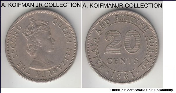 KM-3, 1961 Malaya and British Borneo 20 cents, Heaton Mint (H mint mark); copper-nickel, reeded edge; Elizabeth II, good extra fine, some toning.