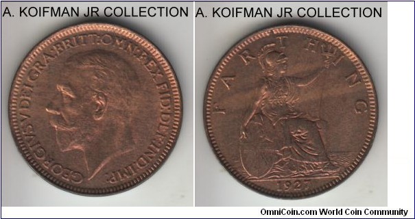 KM-825, 1927 Great Britain farthing; bronze, plain edge; George V, bright red uncirculated.