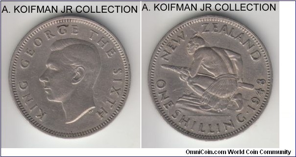 KM-17, 1948 New Zealand shilling; copper-nickel, reeded edge; George VI, second post war coinage, good very fine details, cleaned and reverse thin cut.