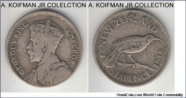 KM-2, 1935 New Zealand 6 pence; silver, reeded edge; George V first type, smaller mintage year, fine or almost.