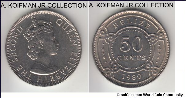 KM-37, 1980 Belize 50 cents; copper nickel, reeded edge; Elizabeth II, nice proof-like uncirculated, just a bit of toning.