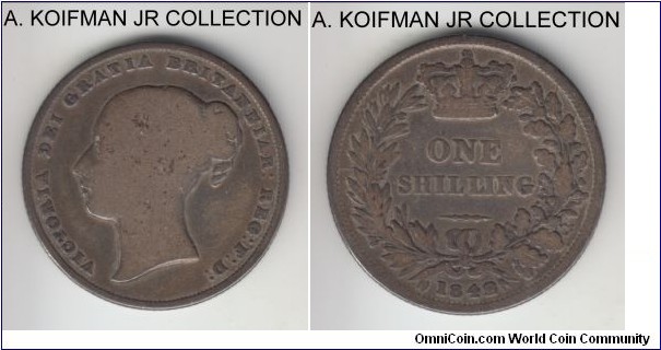 KM-734.1, 1842 Great Britain shilling; silver, reeded edge; early Victoria, well circulated, good or almost.