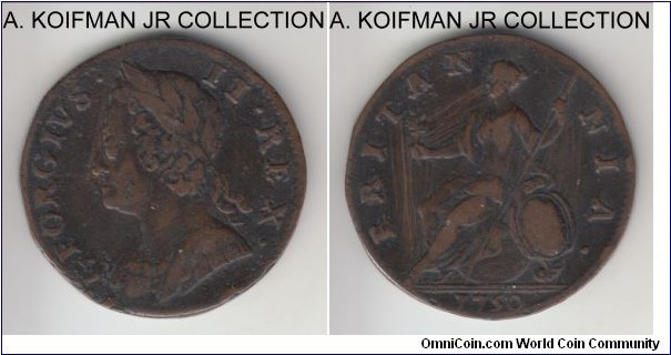 KM-579.2, 1750 Great Britain 1/2 penny; copper, plain edge; George II, GEORGIVS, good fine details, edge issues and reverse scratches in the field.