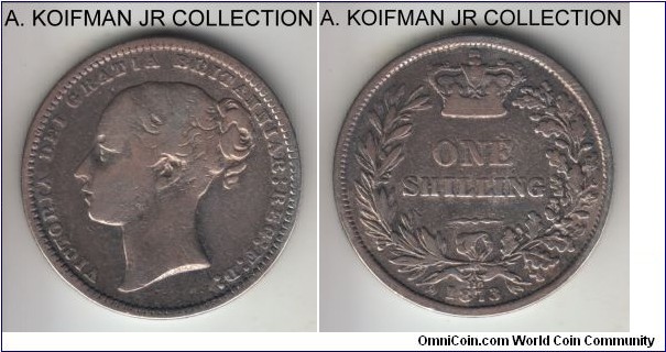 KM-734.2, 1873 Great Britain shilling; silver, plain edge; Victoria young head, die #110, very good to fine details, cleaned.