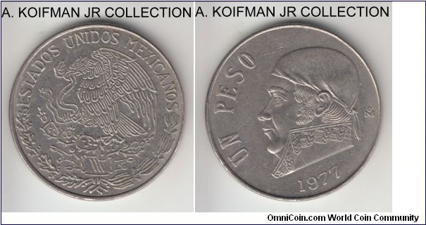 KM-460, 1977 Mexico peso; copper-nickel, reeded edge; Morelos, scarcer thin date variety, average uncirculated.