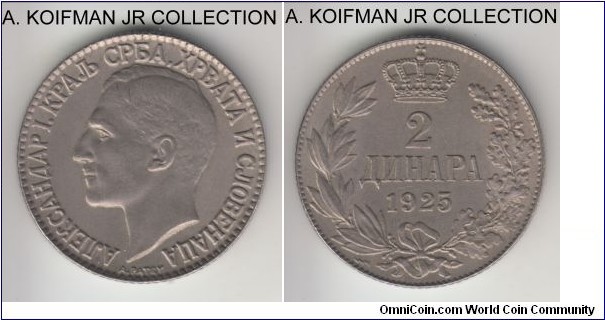 KM-6, 1925 Yugoslavia (Kingdom) 2 dinara, Paris mint (lightning bolt mint mark); nickel-bronze, reeded edge; Alexander I as a ruler of United Kingdom, 1-year type, almost uncirculated.