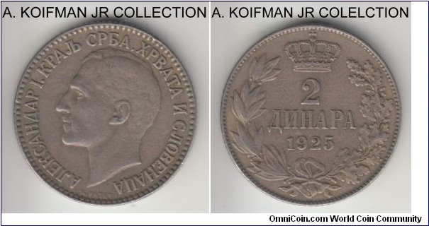 KM-6, 1925 Yugoslavia (Kingdom) 2 dinara, Brussels mint (no mint mark); nickel-bronze, reeded edge; Alexander I as a ruler of United Kingdom, 1-year type, good very fine to about extra fine.