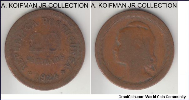 KM-574, 1924 Portugal 20 centavos; bronze, reeded edge; earlier Republican coinage, scarcer of the 2 years minted, well circulated.