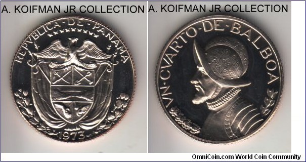 KM-11.2a, 1973 Panama 1/4 balboa; proof, copper-nickel, reeded edge; 17,000 minted for proof sets, brilliant gem proof.