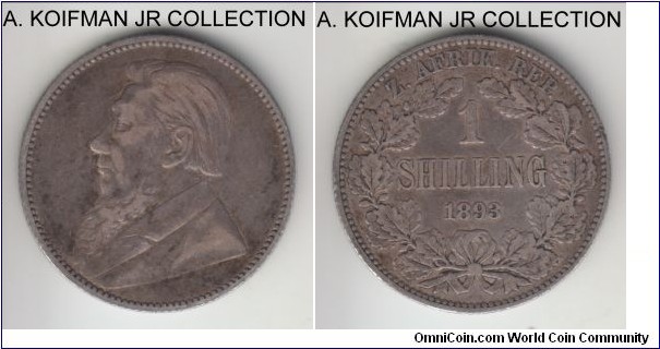 KM-5, 1893 Zuid-Afrikkansche Republiek (ZAR) South Africa shilling; silver, reeded edge; Boer Republic coinage, scarce year with mintage of 137,000, about very fine or so.