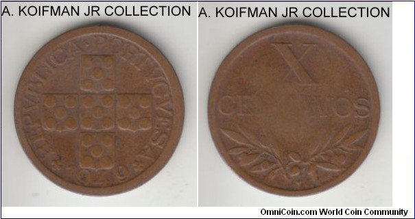 KM-583, 1949 Portugal 10 centavos; bronze, plain edge; well circulated.