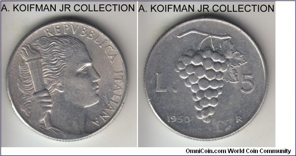 KM-89, 1950 Italy 5 lire, Rome mint (R mint mark); aluminum, plain edge; extra fine or so.