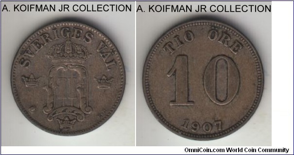 KM-774, 1907 Sweden 10 ore; silver, plain edge; Oscar II, lower silver content causes typical wear and toning on the coins, very fine or so.