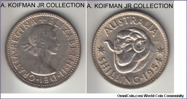 KM-53, 1954 Australia shilling, Melbourne mint (no mint mark); silver, reeded edge; Elizabeth II, 2-year type, toned about uncirculated.